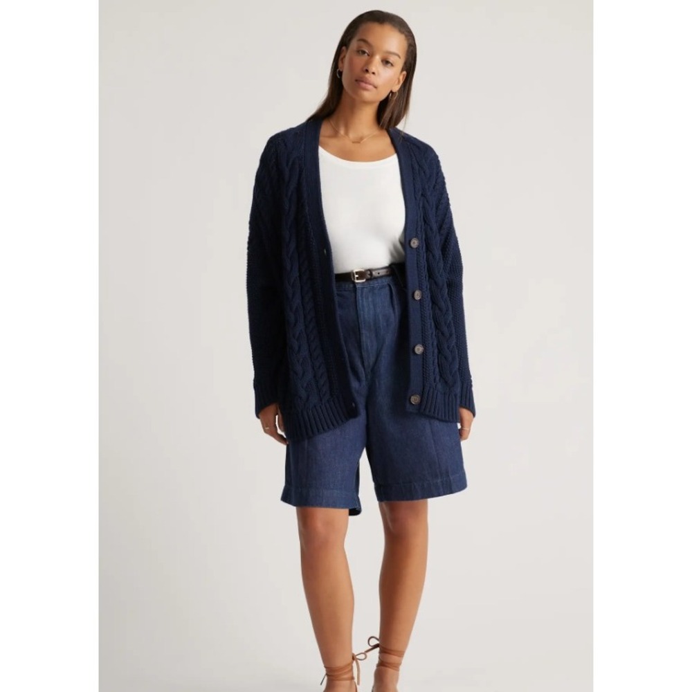 Quince 100% Organic Cotton Oversized Cable Cardigan Black Grandpa Fisherman Sz M